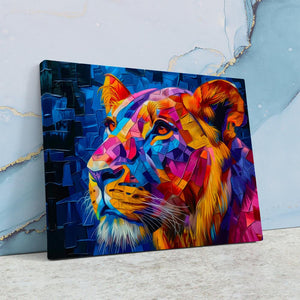 a painting of a colorful lion on a blue background