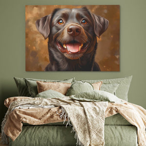 a painting of a dog on a wall above a bed