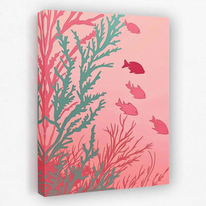 a painting of a coral reef and fish on a pink background