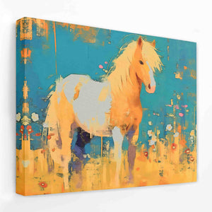 a painting of a white horse on a blue background