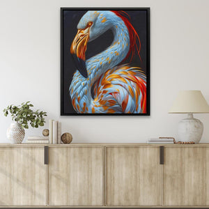 a painting of a flamingo sitting on top of a dresser