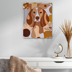 a painting of a dog on a wall above a desk