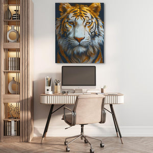 a painting of a tiger on a wall above a desk