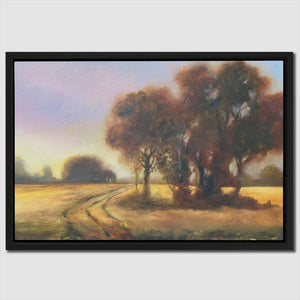 a painting of a dirt road with trees