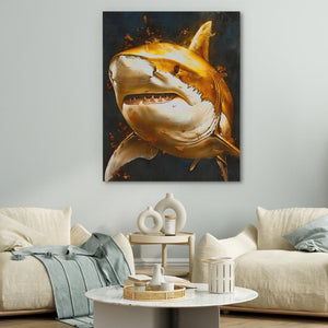 a painting of a shark in a living room