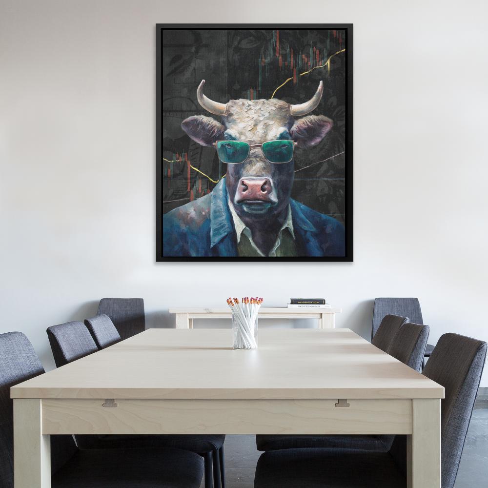 a painting of a bull wearing sunglasses and a suit