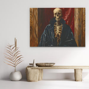 a painting of a skeleton sitting on a bench