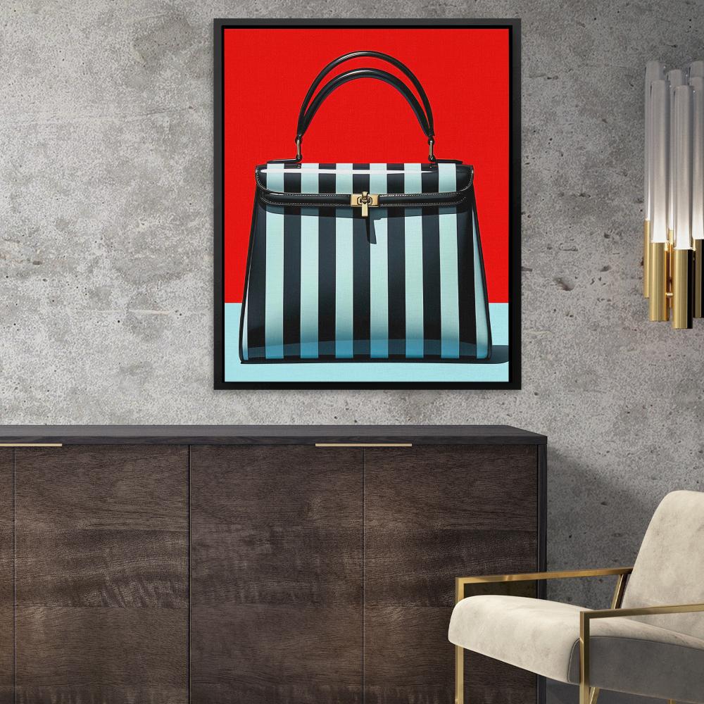 a black and white striped purse on a red background