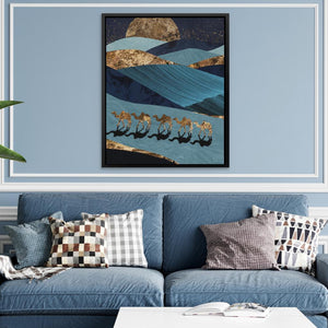 Sahara Stroll: Gold and Blue Desert Camel Art Print - Luxury Wall Art 