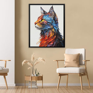 a painting of a colorful cat in a living room