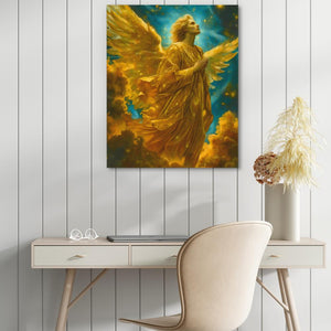 a painting of an angel on a wall above a desk