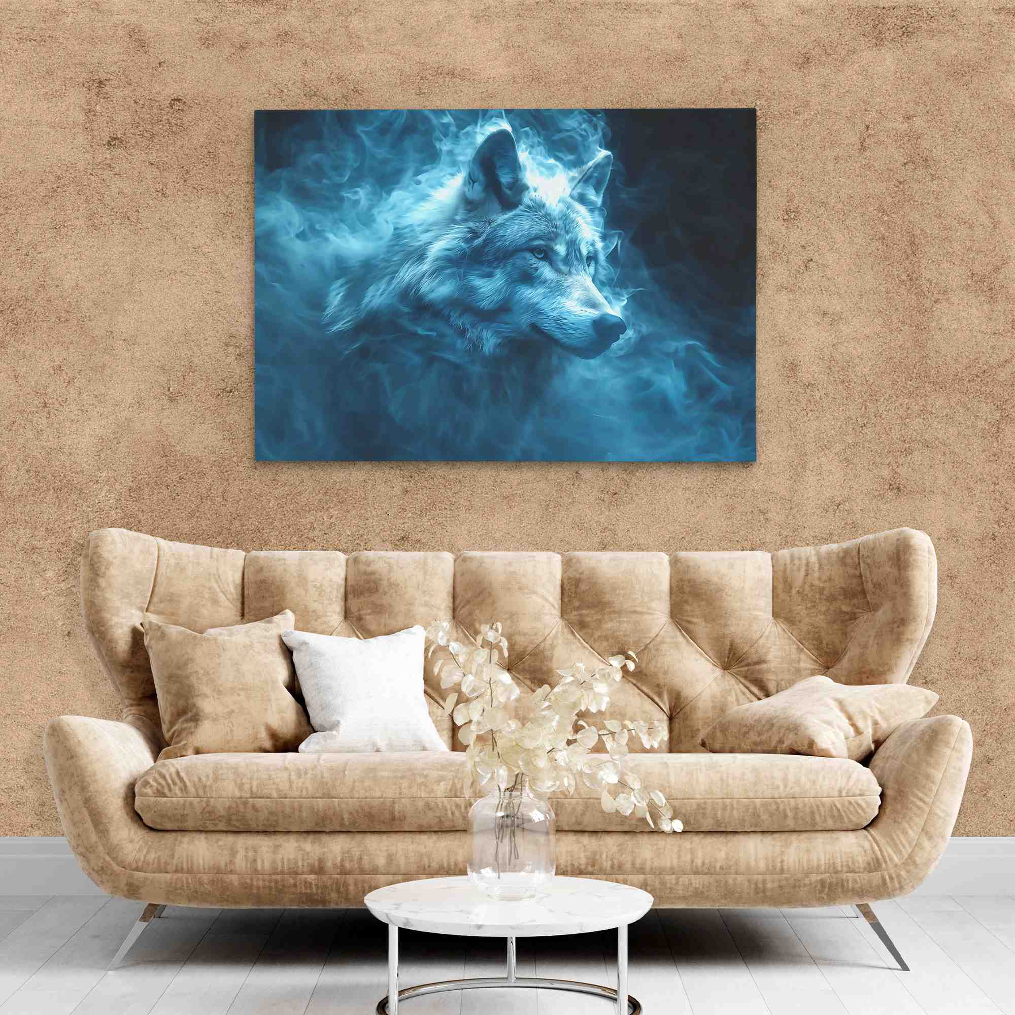 a painting of a wolf on a blue background