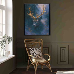 a painting of a deer in a room with a chair