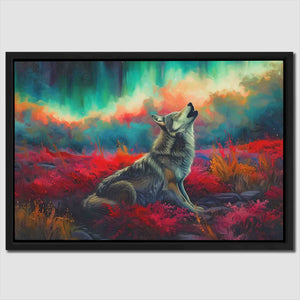 a painting of a wolf sitting in a field