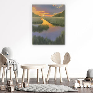 a painting of a sunset over a body of water