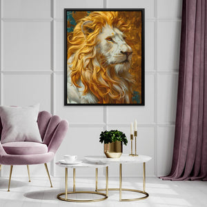 a painting of a lion on a wall in a living room