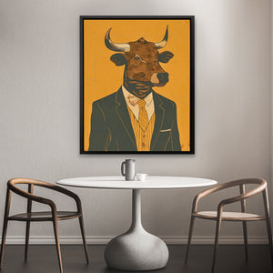 a painting of a bull wearing a suit and tie