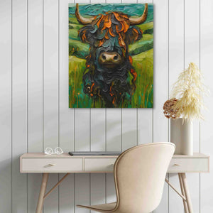 a painting of a bull on a wall above a desk