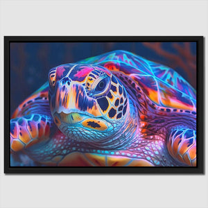 a close up of a sea turtle with a colorful background