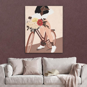 a painting of a woman riding a bicycle