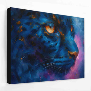 a painting of a blue tiger with orange eyes