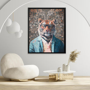 a painting of a tiger wearing a suit and tie