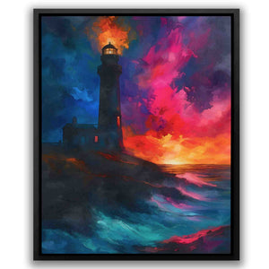 a painting of a lighthouse in the middle of the ocean