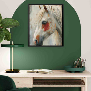 a painting of a white horse on a green wall