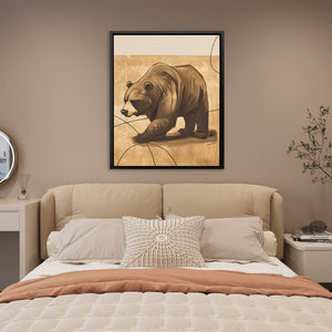 a picture of a bear on a wall above a bed