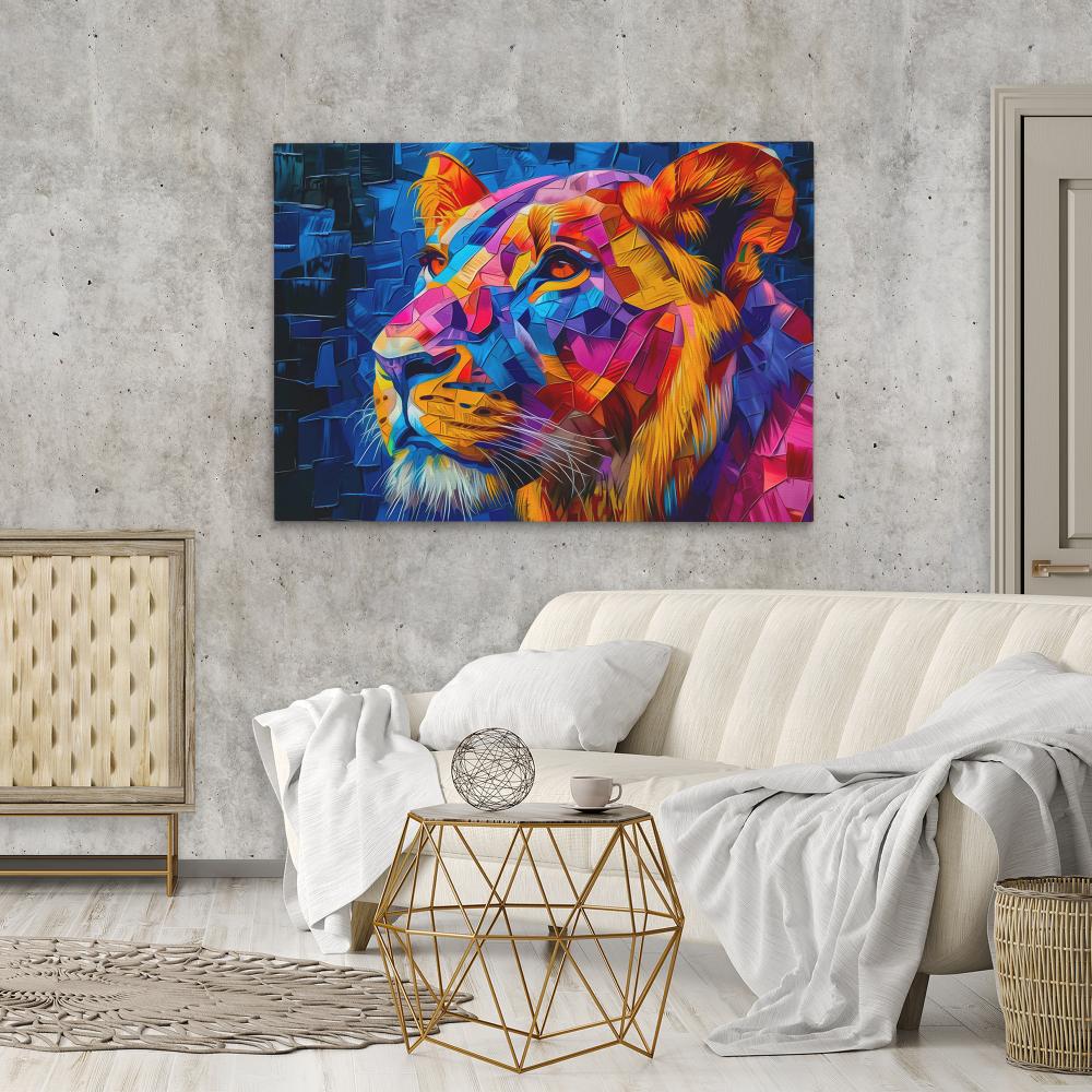 a painting of a colorful lion on a blue background