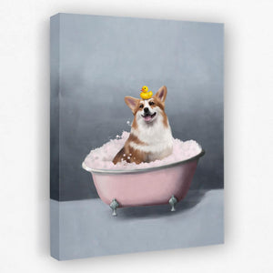 a painting of a dog in a bathtub with a rubber duck on its head