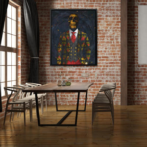 a painting of a man in a suit on a brick wall