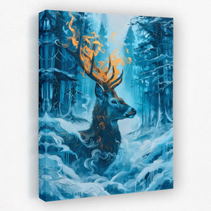 a painting of a deer in a snowy forest