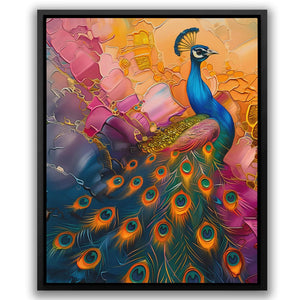 a painting of a peacock in a black frame