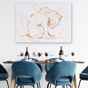 a dining room table with blue chairs and a painting on the wall