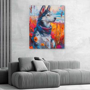 a painting of a dog on a wall above a couch