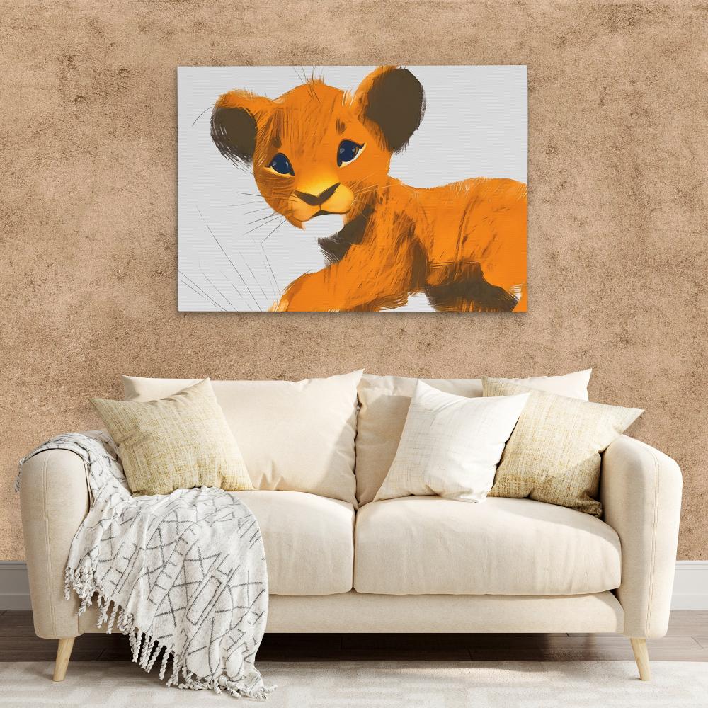 a painting of a lion cub on a white wall