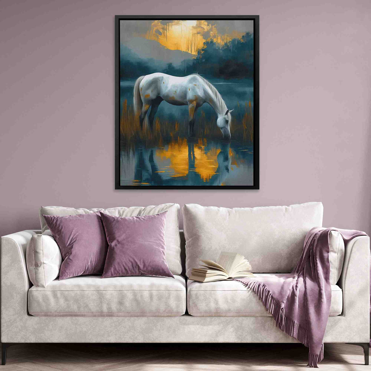 a painting of a white horse drinking water
