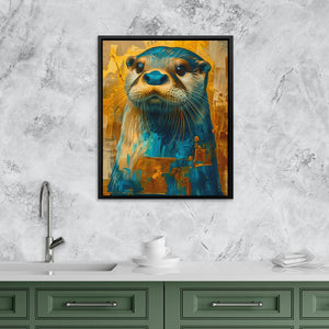 a painting of a sea lion on a wall above a kitchen sink