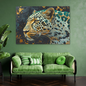 a living room with a green couch and a painting on the wall