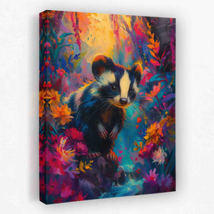 a painting of a badger in a colorful forest