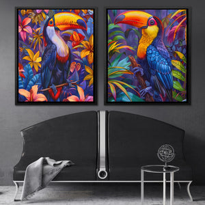 a painting of two colorful birds on a wall