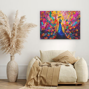 a painting of a peacock on a wall above a couch