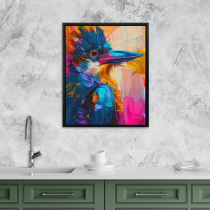 a painting of a colorful bird on a wall above a kitchen sink