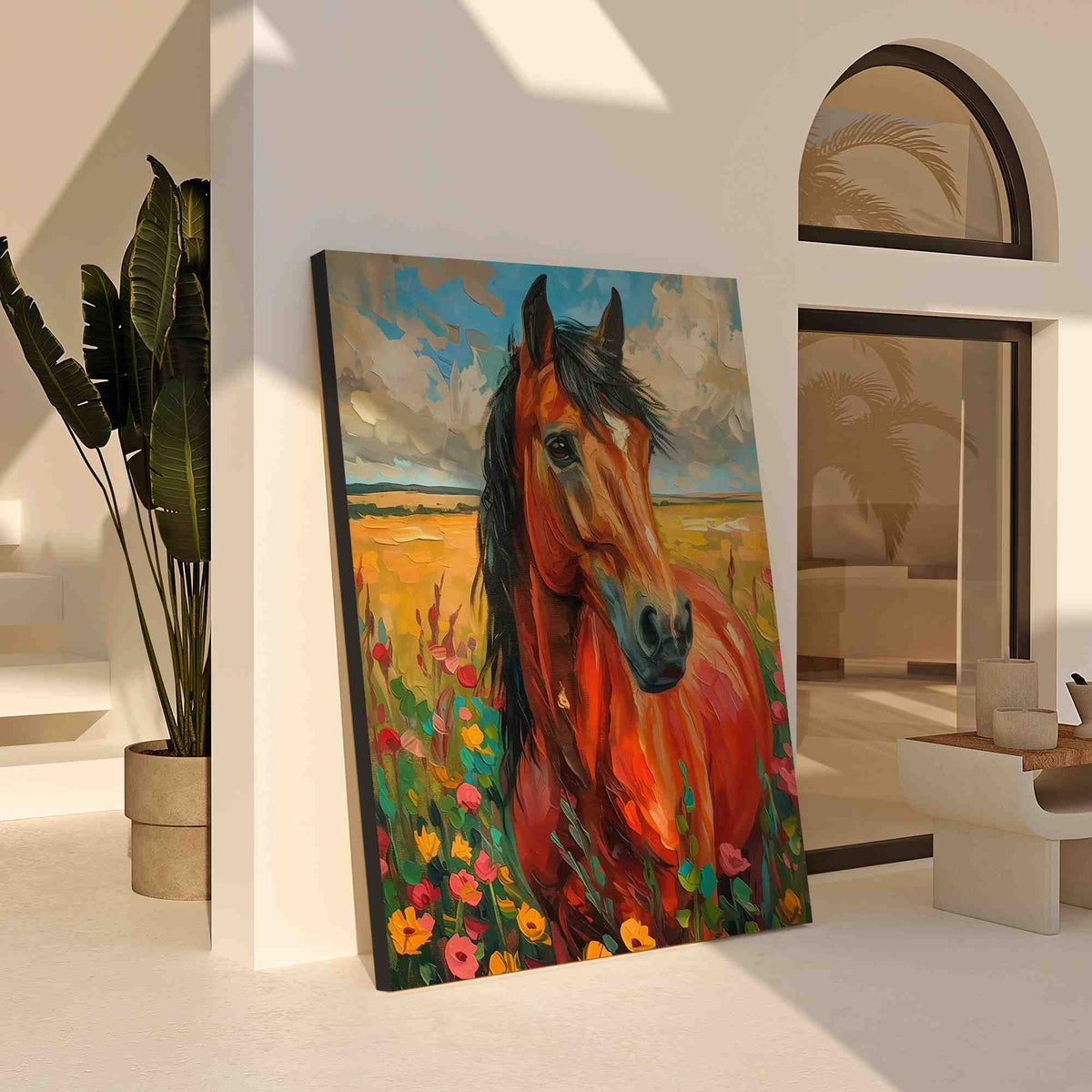 a painting of two horses in a field of flowers