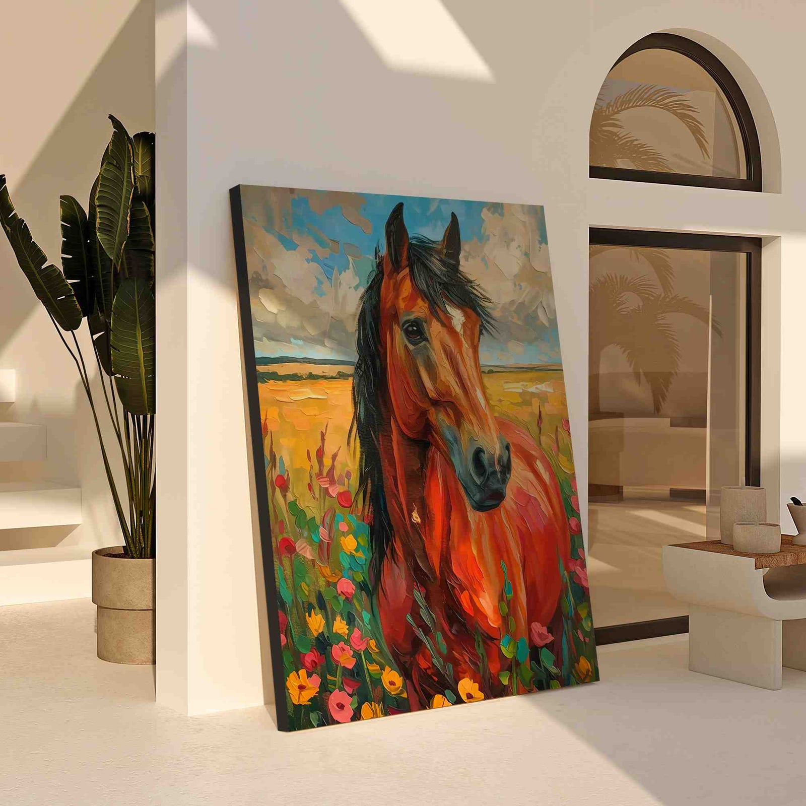 a painting of two horses in a field of flowers