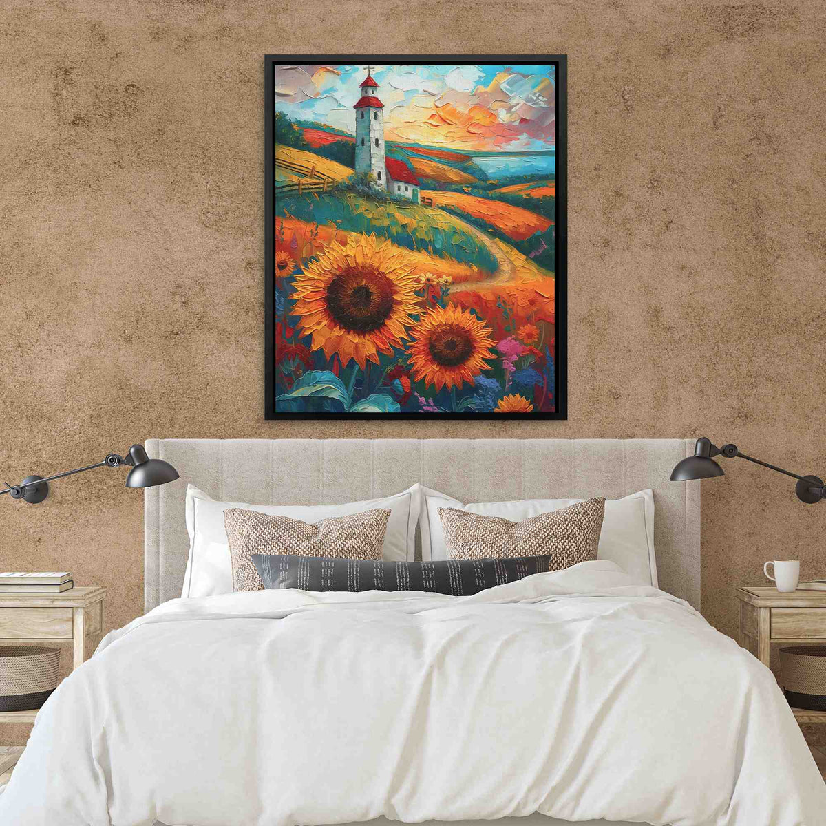 a bedroom with a bed and a painting on the wall
