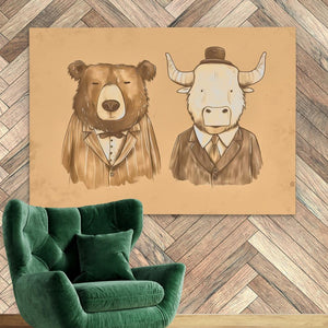 a painting of a bull and a bear wearing suits