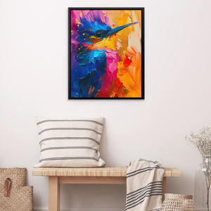 a painting of a colorful bird on a white wall