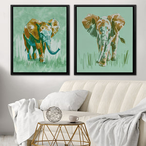 two paintings of elephants on a wall above a couch